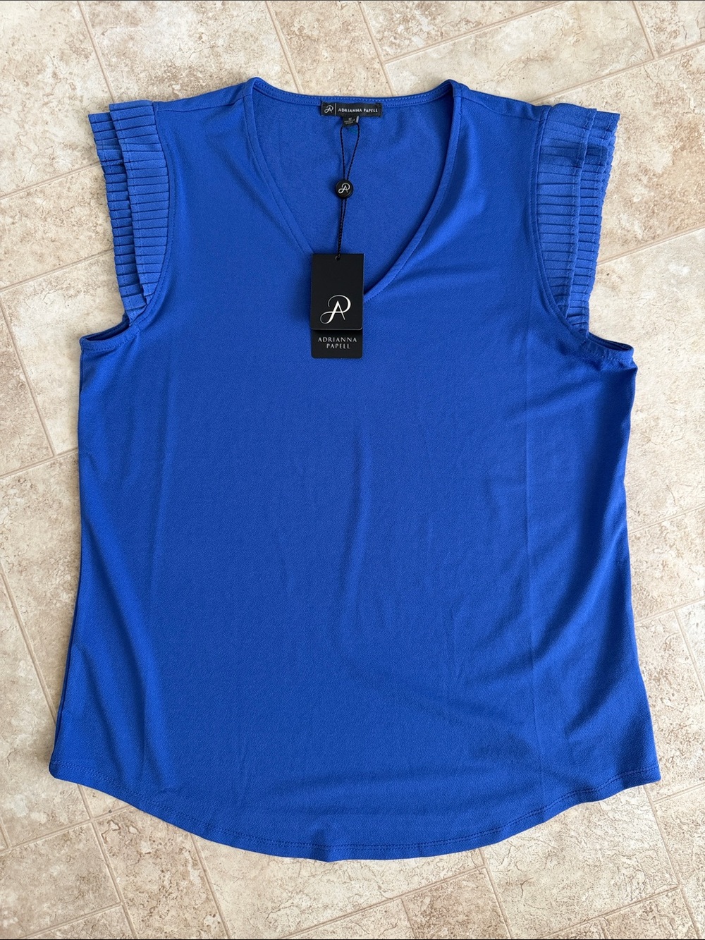 Adrianna Papell Royal Blue Sleeveless V-Neck Pleated Cap-Sleeve Top